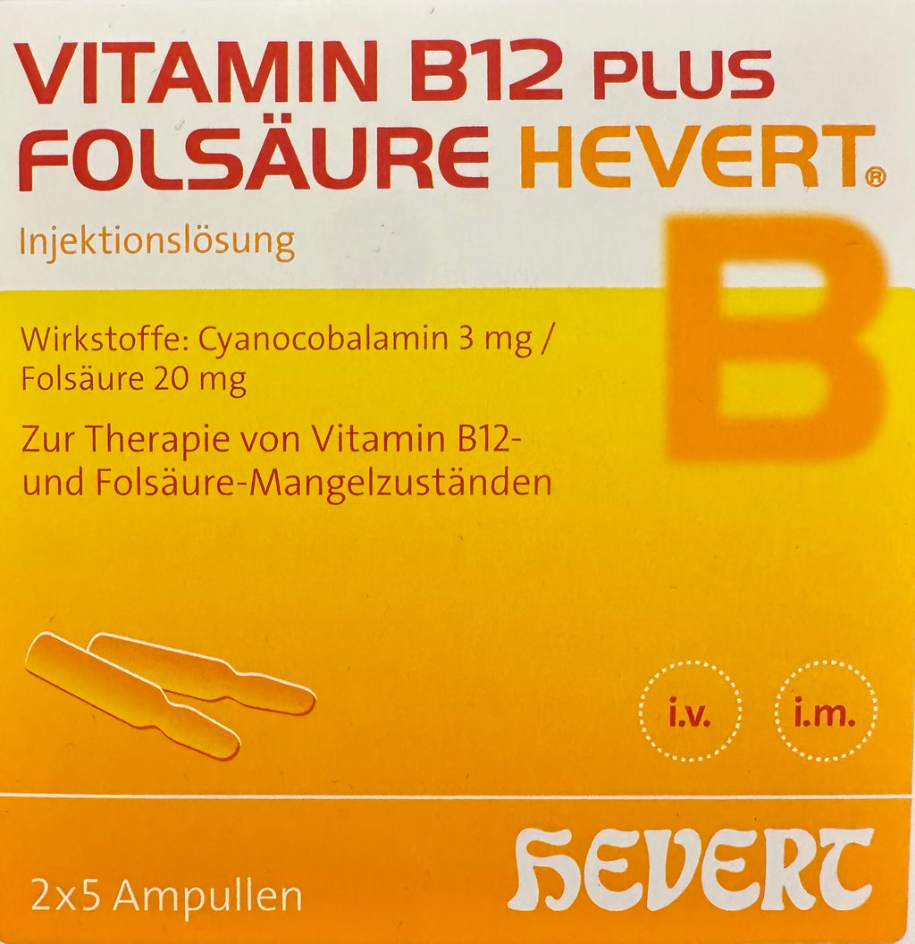 Hevert Vitamin B12 Plus Folic Acid (Vitamin B9)- Vitamin B12 Cyanocobalamin 3mg + Folic Acid (Vitamin B9) 20mg. 2x5 2ml Ampoules