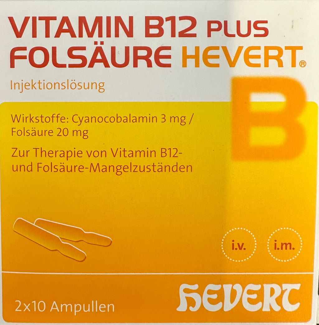 Hevert Vitamin B12 Plus Folic Acid (Vitamin B9) - Vitamin B12 Cyanocobalamin 3mg + Folic Acid (Vitamin B9) 20mg. 2 x 10 2ml Ampoules. Single Use Ampoules