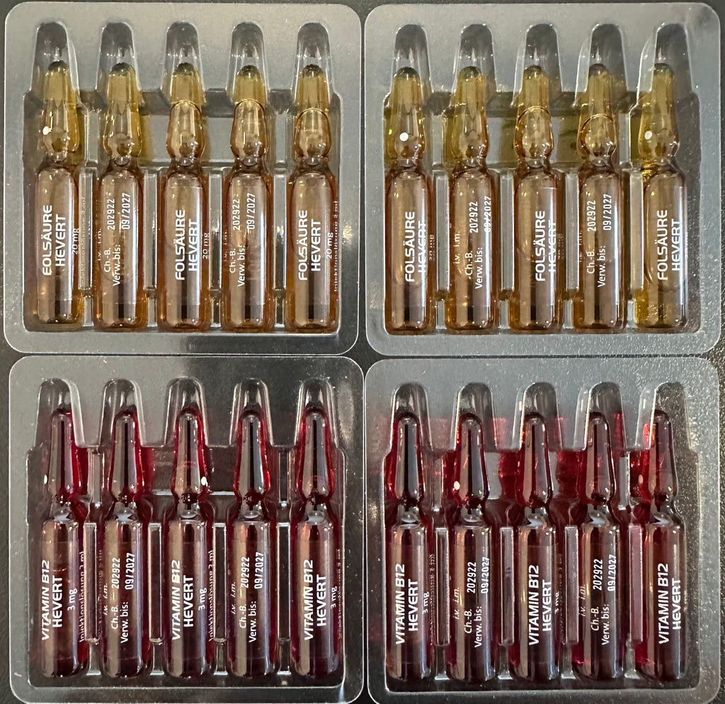 Hevert Vitamin B12 Plus Folic Acid (Vitamin B9) - Vitamin B12 Cyanocobalamin 3mg + Folic Acid (Vitamin B9) 20mg. 2 x 10 2ml Ampoules. Single Use Ampoules