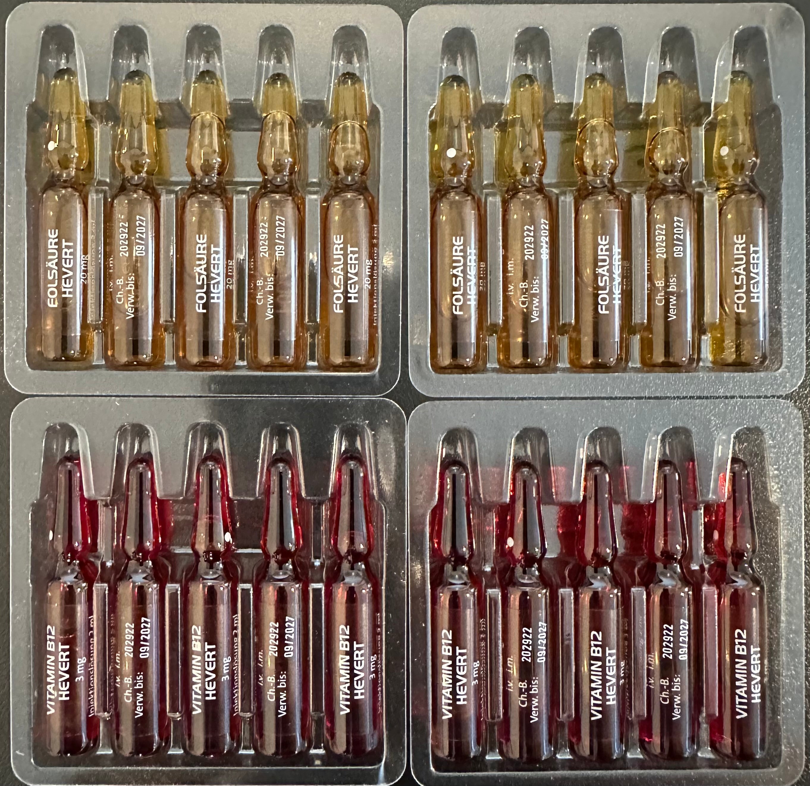 Hevert Vitamin B12 Plus Folic Acid (Vitamin B9) - Vitamin B12 Cyanocobalamin 3mg + Folic Acid (Vitamin B9) 20mg. 2 x 10 2ml Ampoules. Single Use Ampoules